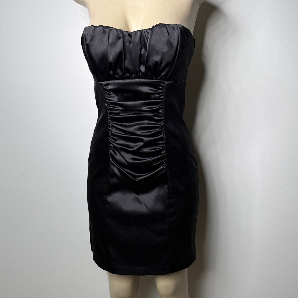 Frederick's of Hollywood Black Strapless Satin Ruched Mini Dress